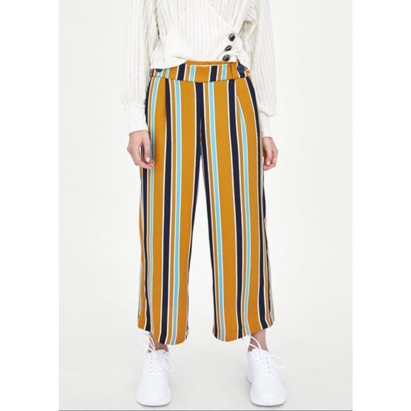 Zara‎ TRF Mustard Striped Wide Leg Culotte Cropped Pull On Pants Size Small - Picture 1 of 10